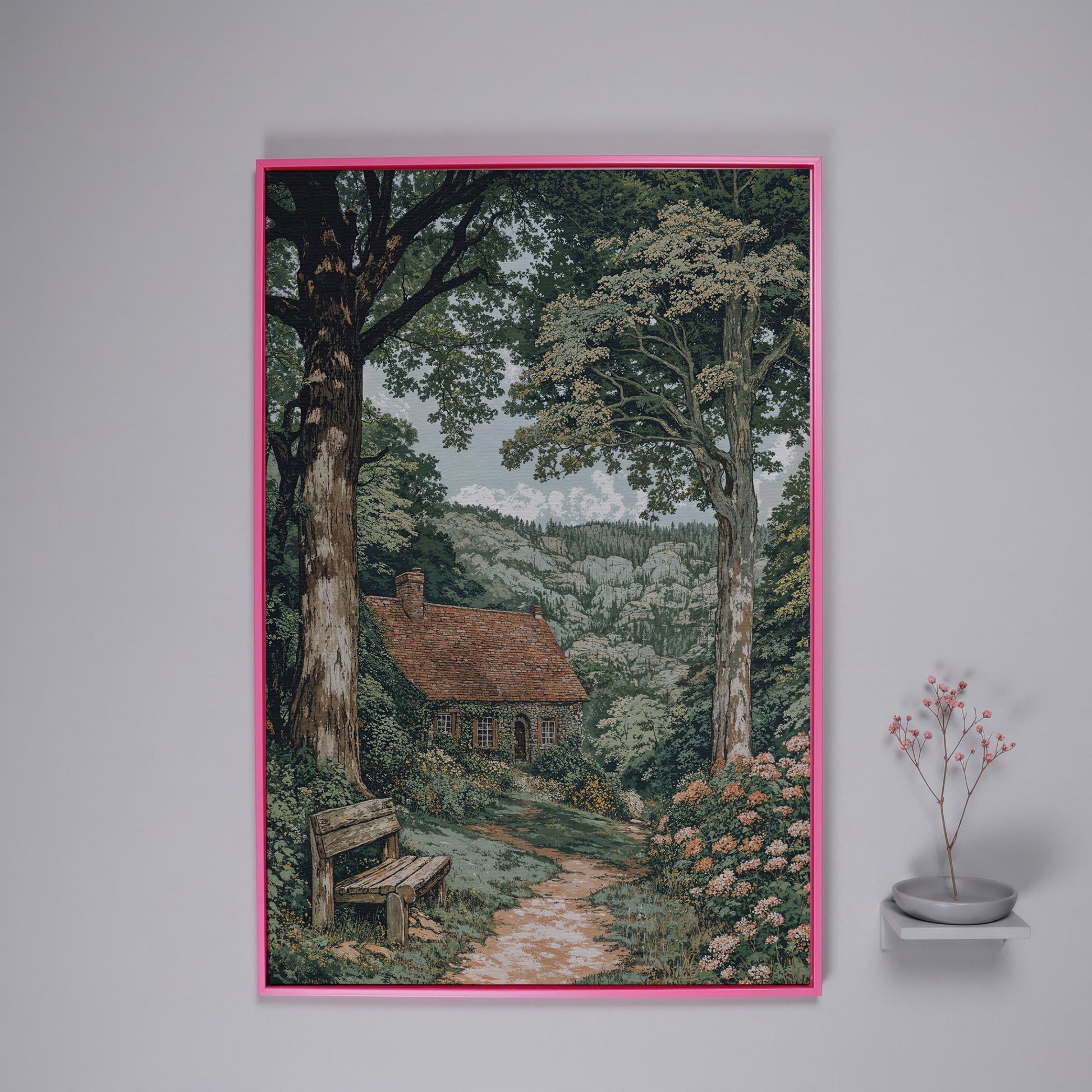 Tranquil Cottage in Countryside Canvas Print in pink floating frame