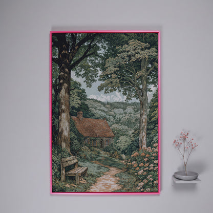 Tranquil Cottage in Countryside Canvas Print in pink floating frame