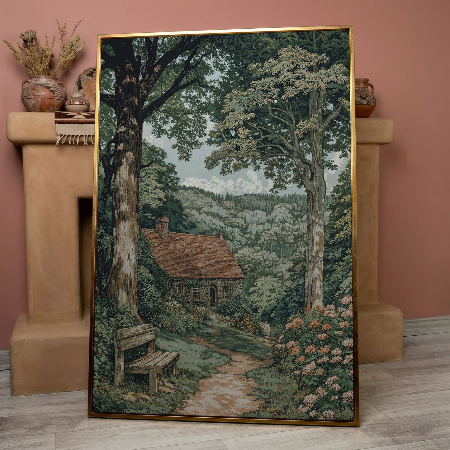 Tranquil Cottage in Countryside Canvas Print in rose gold floating frame