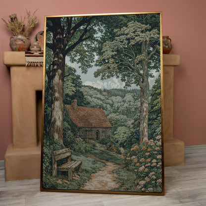 Tranquil Cottage in Countryside Canvas Print in rose gold floating frame