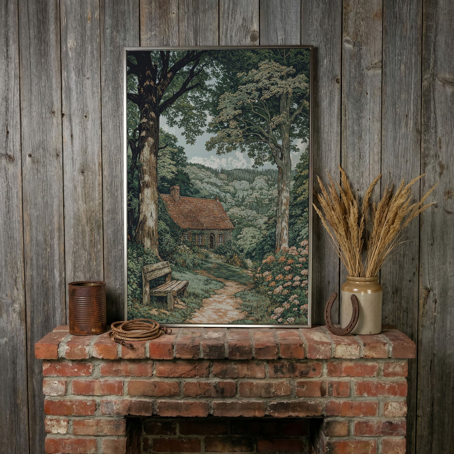 Tranquil Cottage in Countryside Canvas Print in silver floating frame