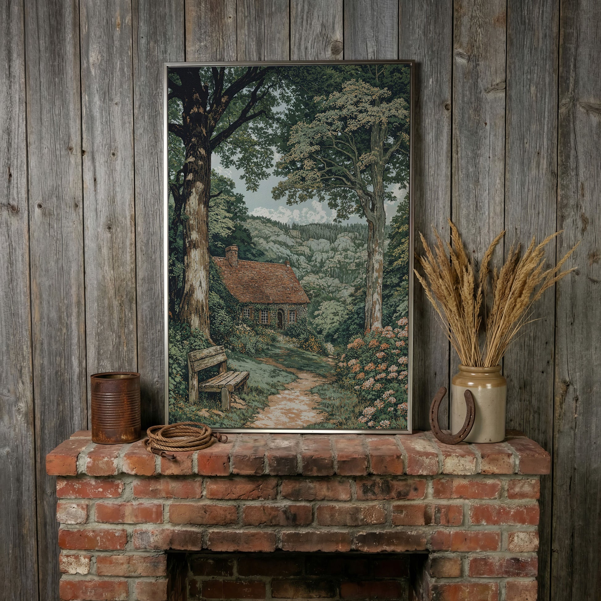 Tranquil Cottage in Countryside Canvas Print in silver floating frame