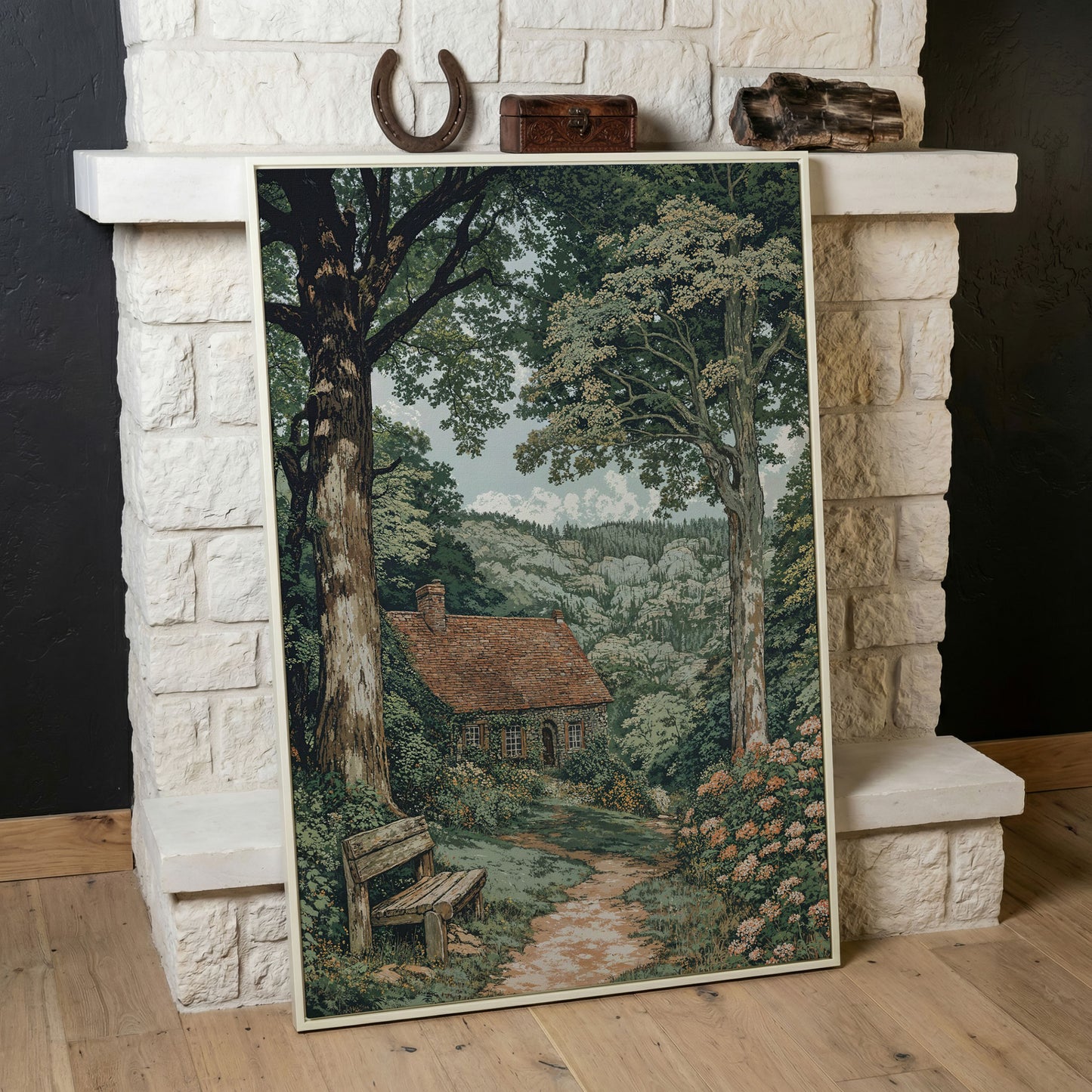 Tranquil Cottage in Countryside Canvas Print in white floating frame