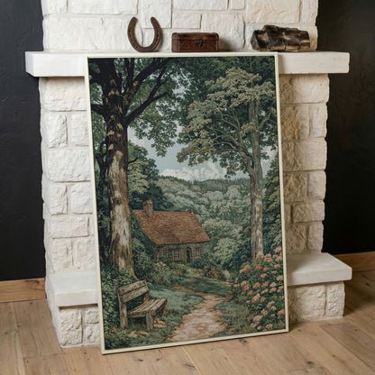 Tranquil Cottage in Countryside Canvas Print in white floating frame