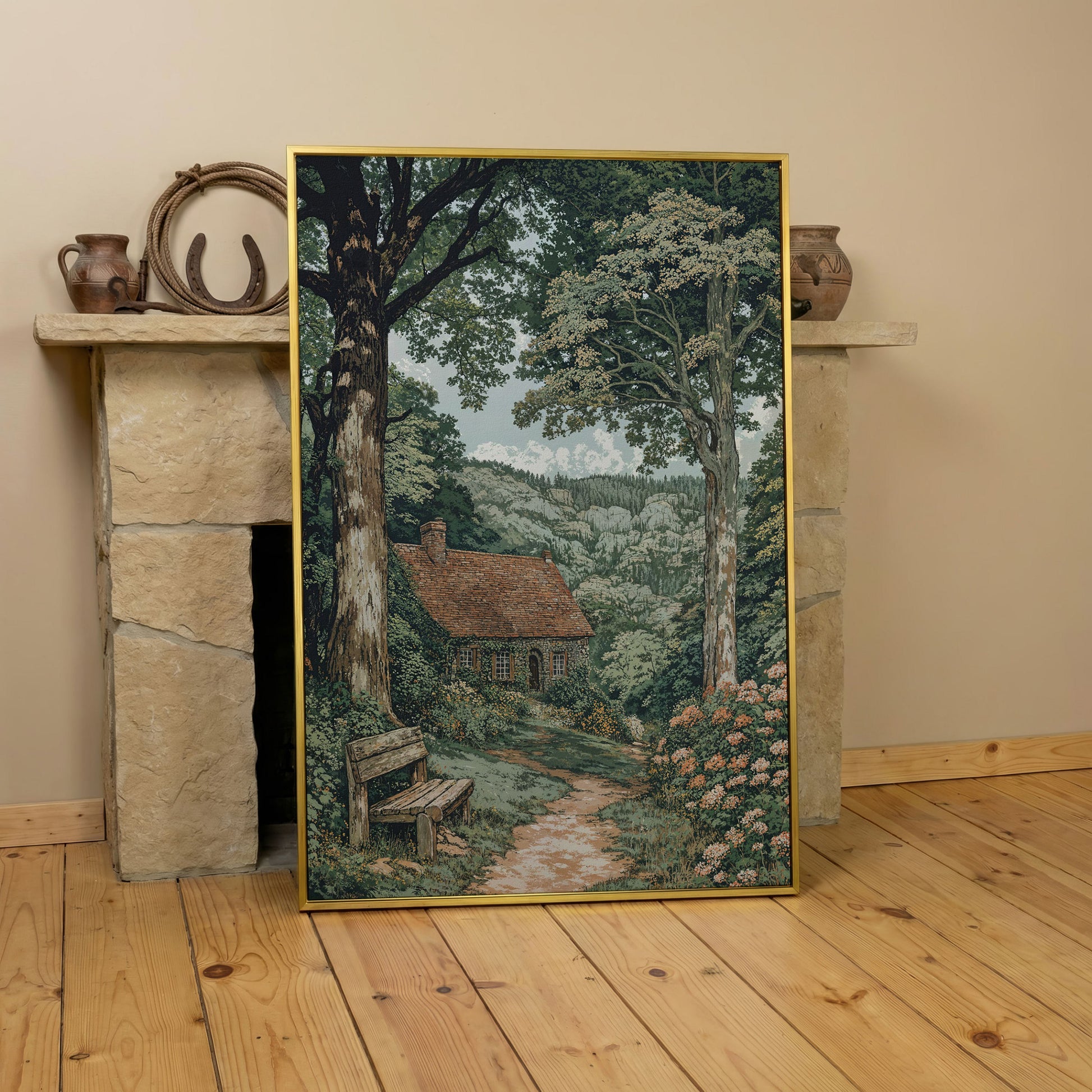 Tranquil Cottage in Countryside Canvas Print in yellow gold floating frame