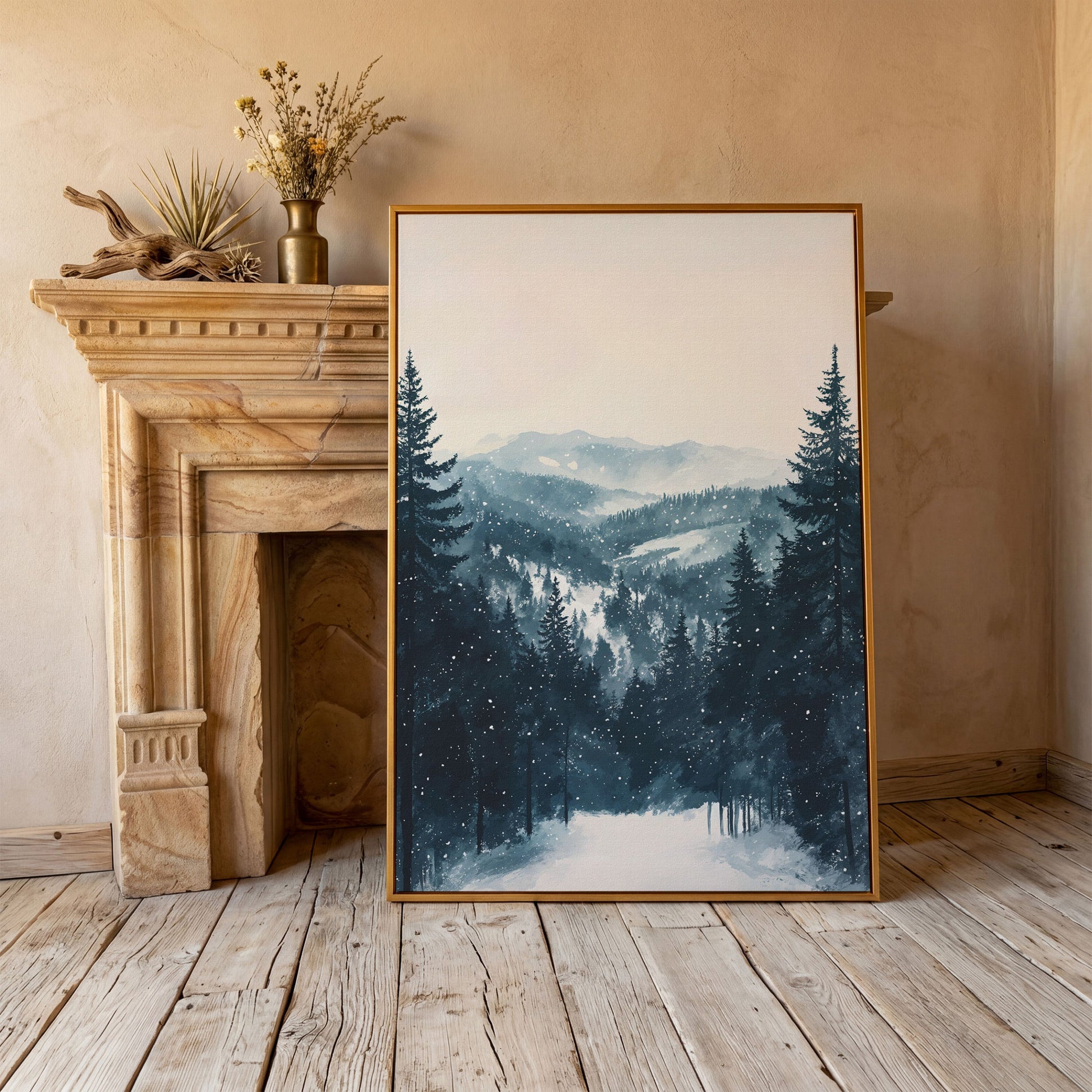 Winter Pine Forest and Mountain Snow Scene Canvas Print in antique gold floating frame