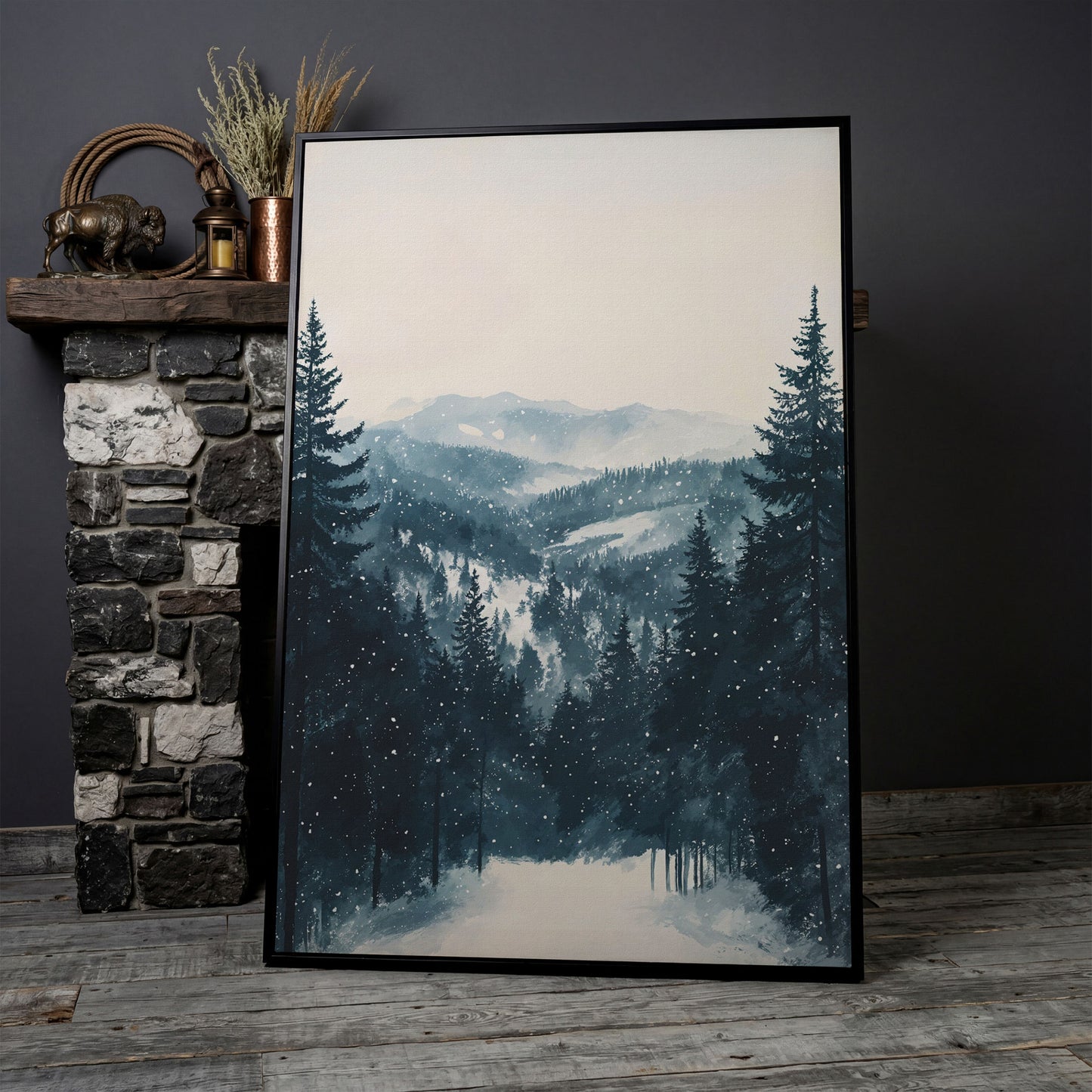 Winter Pine Forest and Mountain Snow Scene Canvas Print in black floating frame