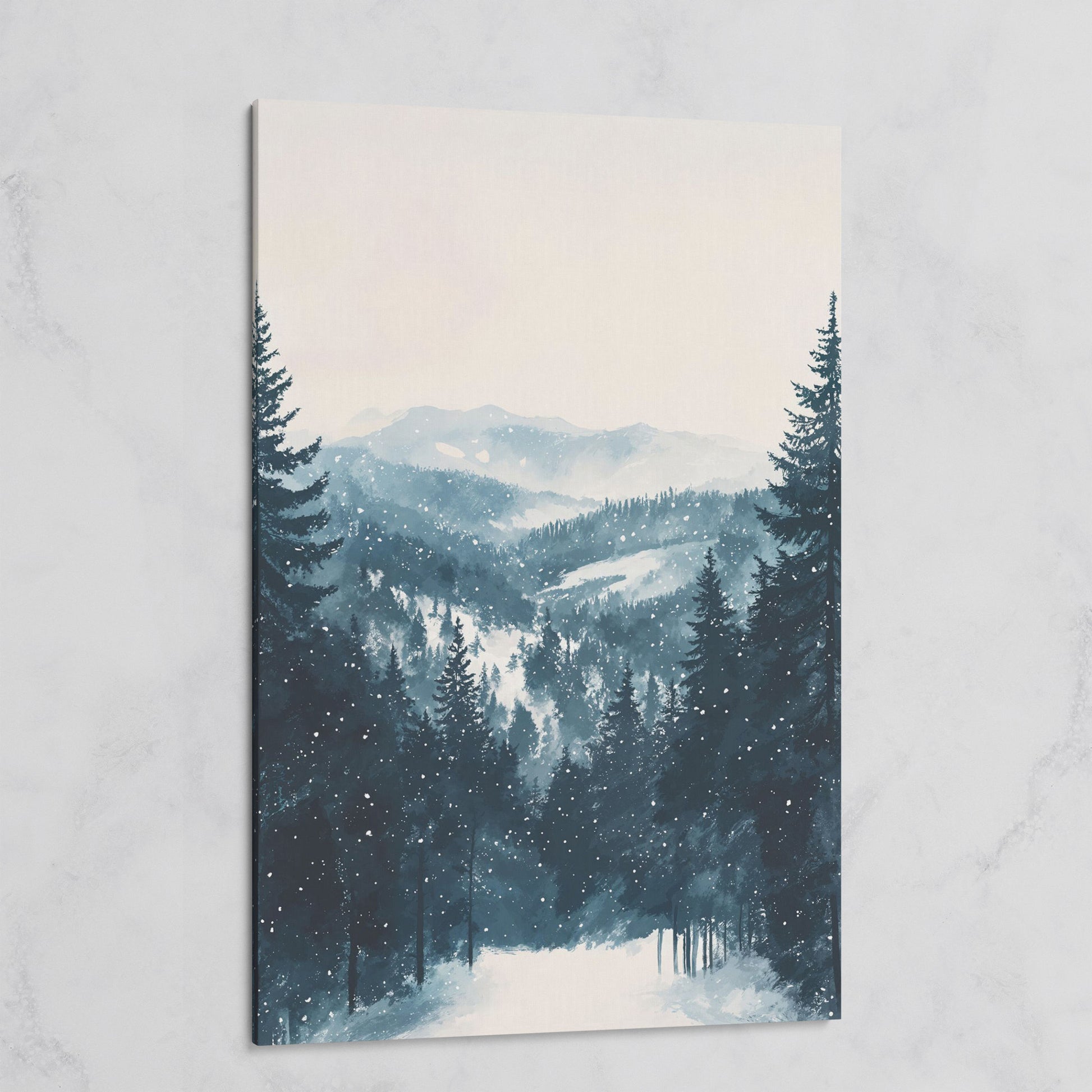 Winter Pine Forest and Mountain Snow Scene Canvas Print on gallery wrap