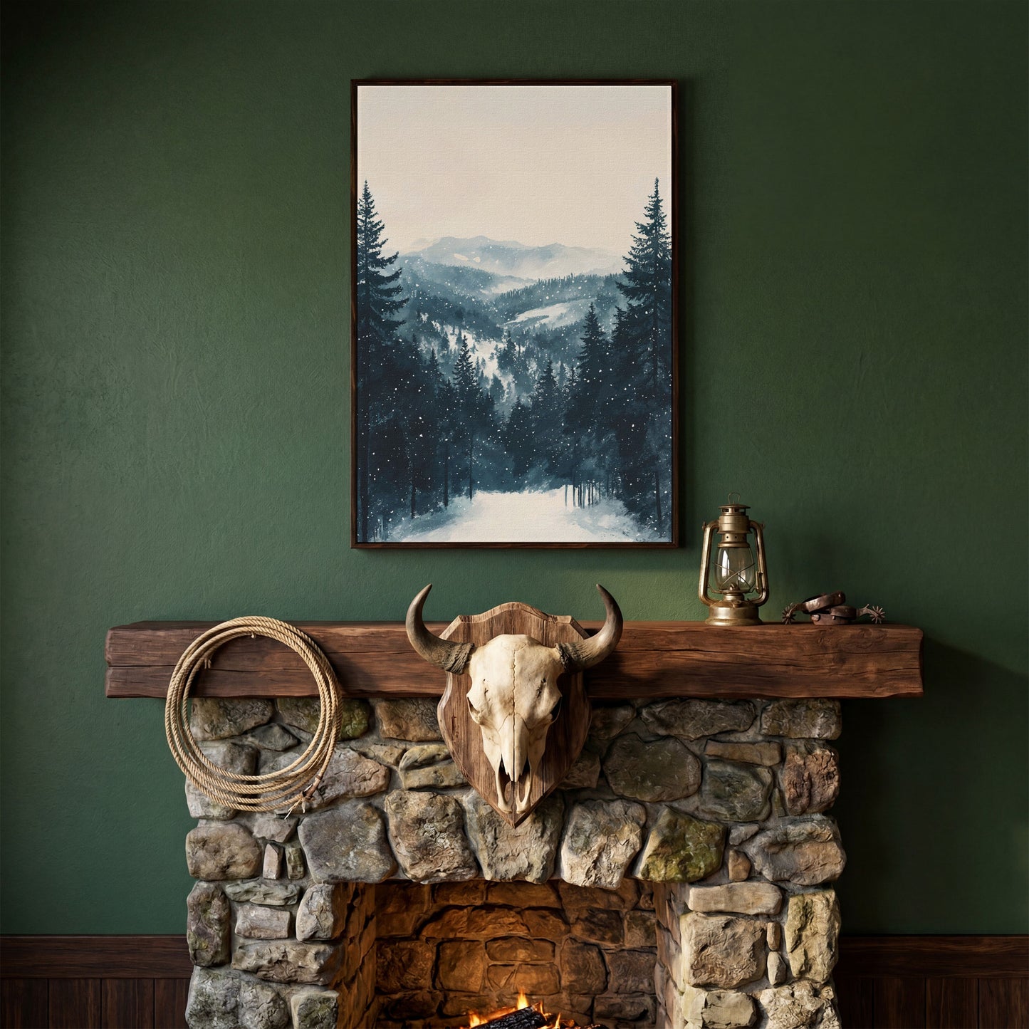 Winter Pine Forest and Mountain Snow Scene Canvas Print in dark walnut floating frame