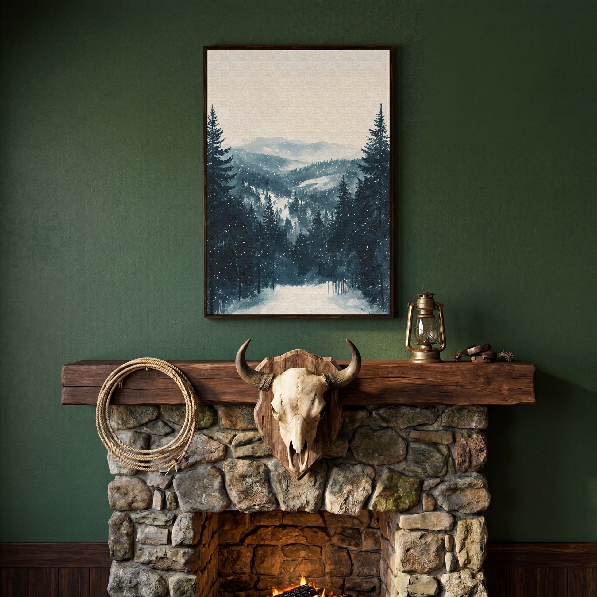 Winter Pine Forest and Mountain Snow Scene Canvas Print in dark walnut floating frame