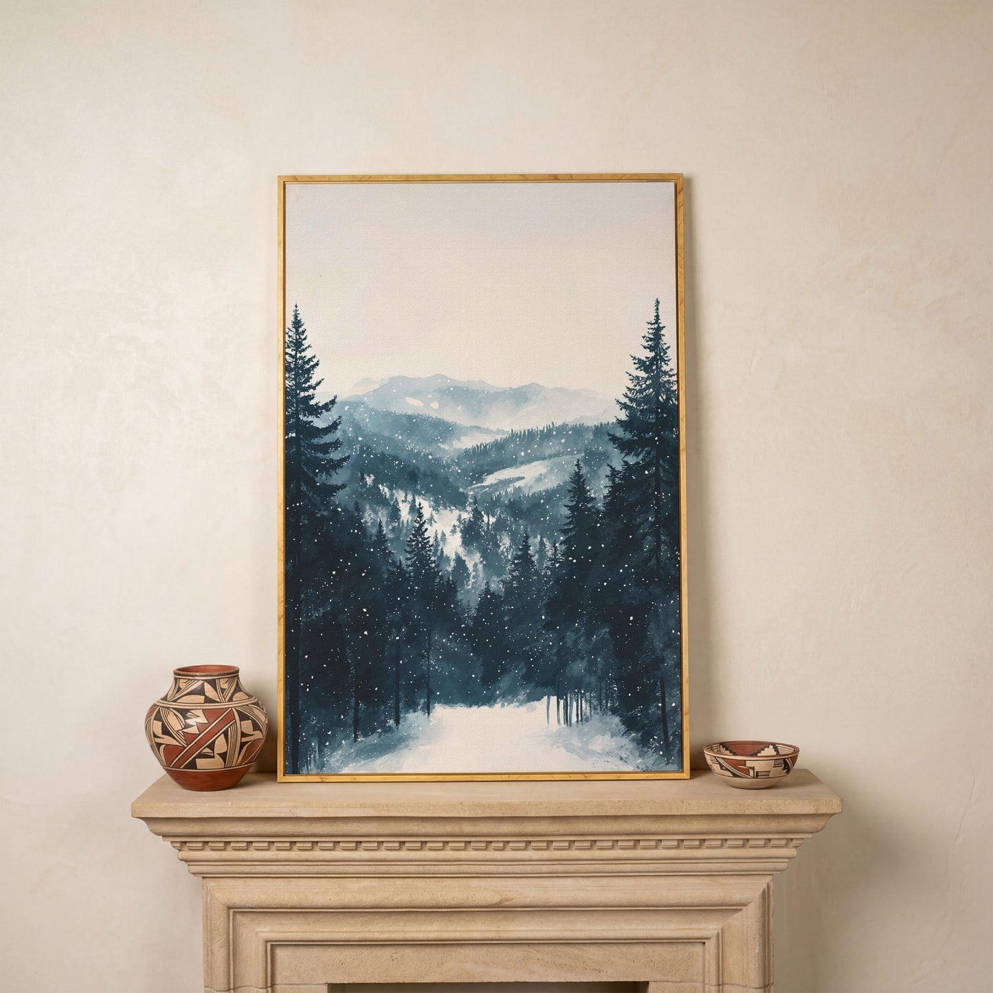 Winter Pine Forest and Mountain Snow Scene Canvas Print in white oak floating frame