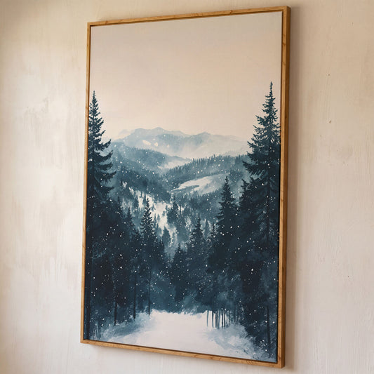 Winter Pine Forest and Mountain Snow Scene Canvas Print shown in white oak floating frame