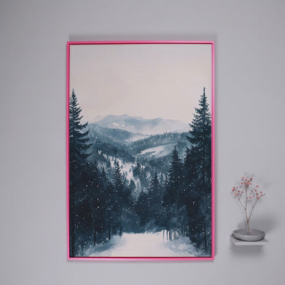 Winter Pine Forest and Mountain Snow Scene Canvas Print in pink floating frame