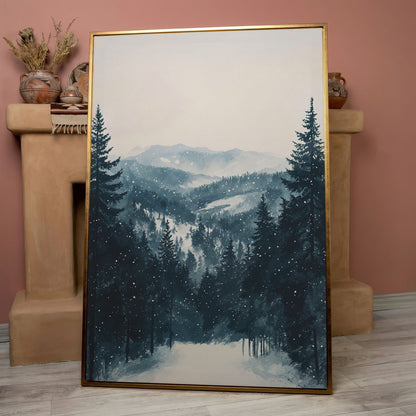 Winter Pine Forest and Mountain Snow Scene Canvas Print in rose gold floating frame