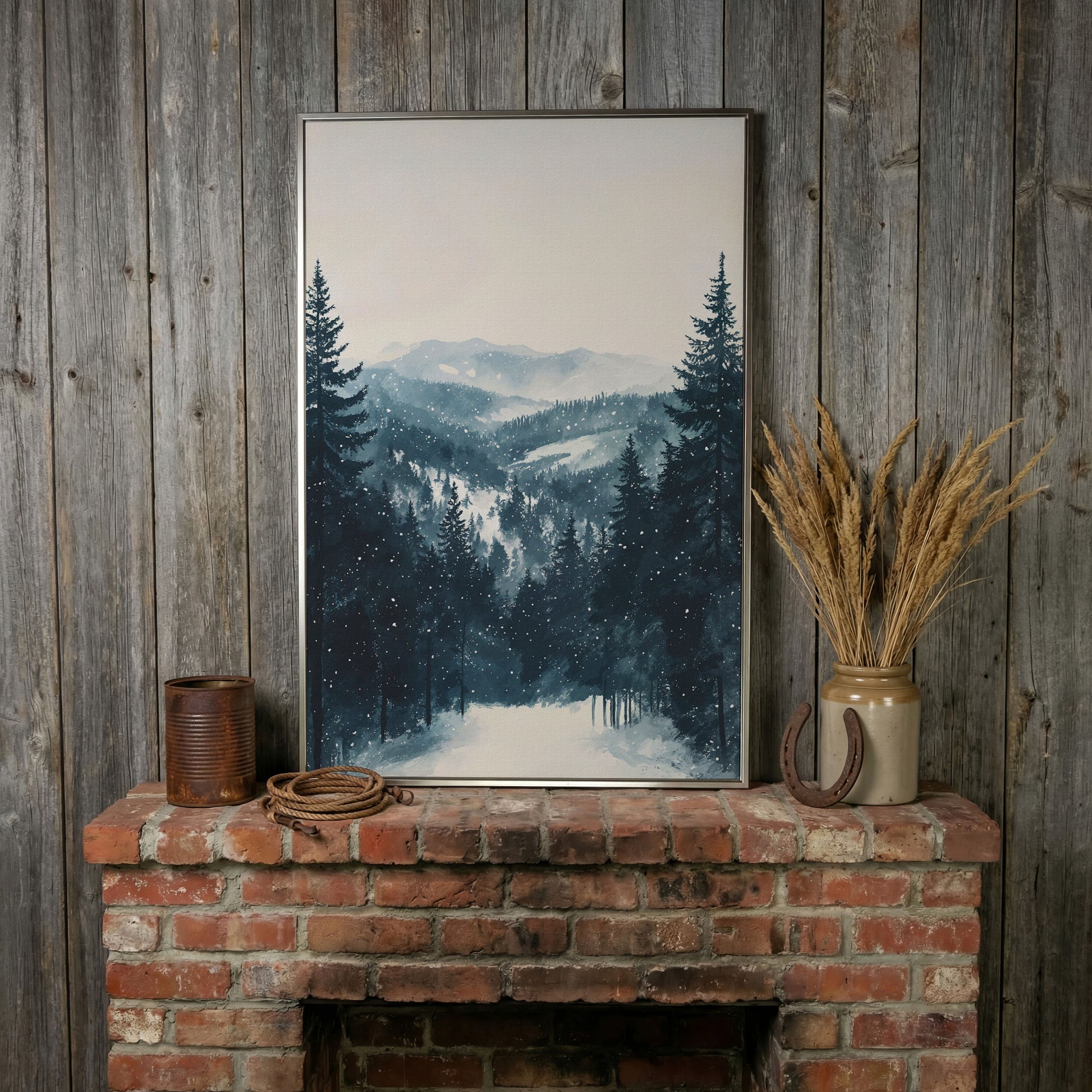 Winter Pine Forest and Mountain Snow Scene Canvas Print in silver floating frame