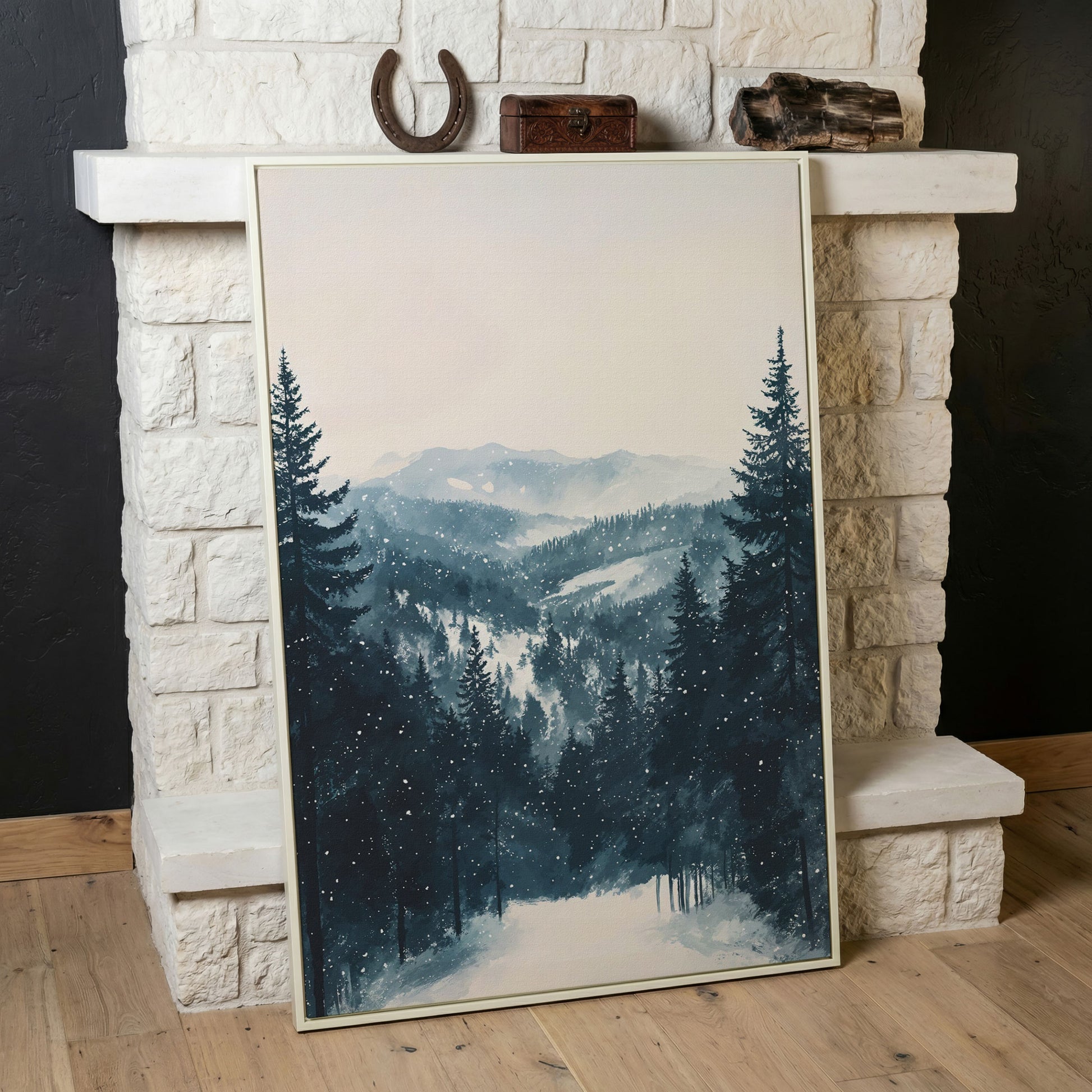Winter Pine Forest and Mountain Snow Scene Canvas Print in white floating frame