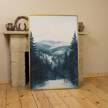 Winter Pine Forest and Mountain Snow Scene Canvas Print in yellow gold floating frame