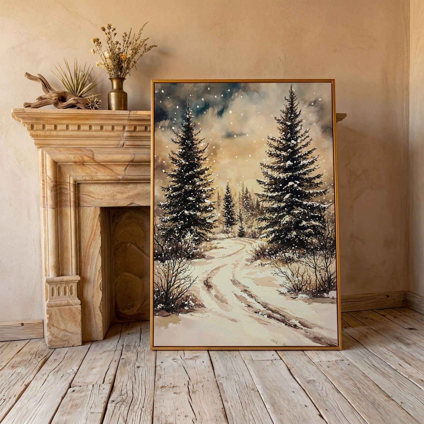 Snow-Covered Pine Forest with Winding Path. Winter Canvas Art in antique gold floating frame