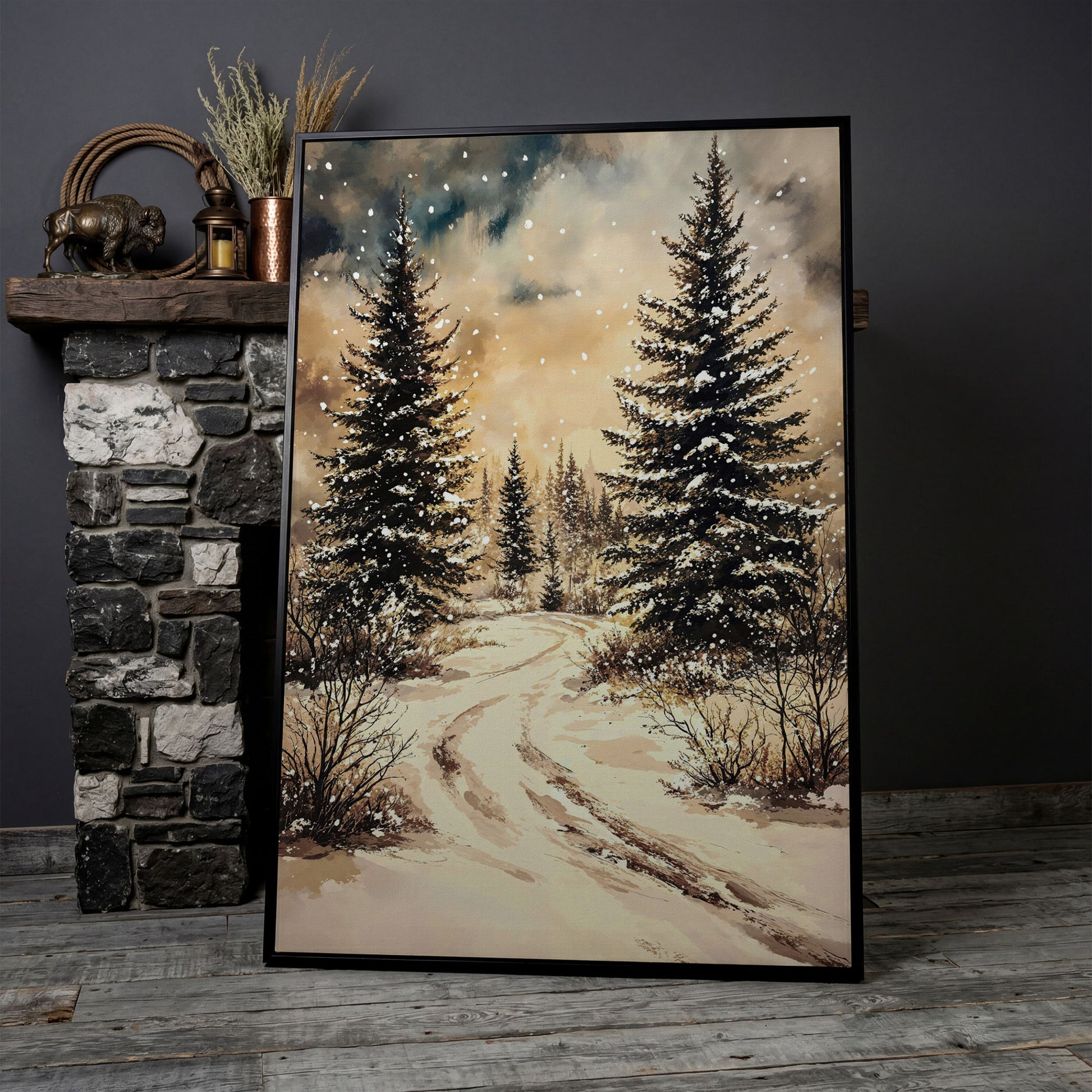 Snow-Covered Pine Forest with Winding Path. Winter Canvas Art in black floating frame
