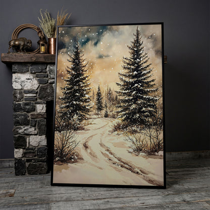 Snow-Covered Pine Forest with Winding Path. Winter Canvas Art in black floating frame
