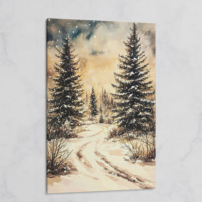 Snow-Covered Pine Forest with Winding Path. Winter Canvas Art on gallery wrap
