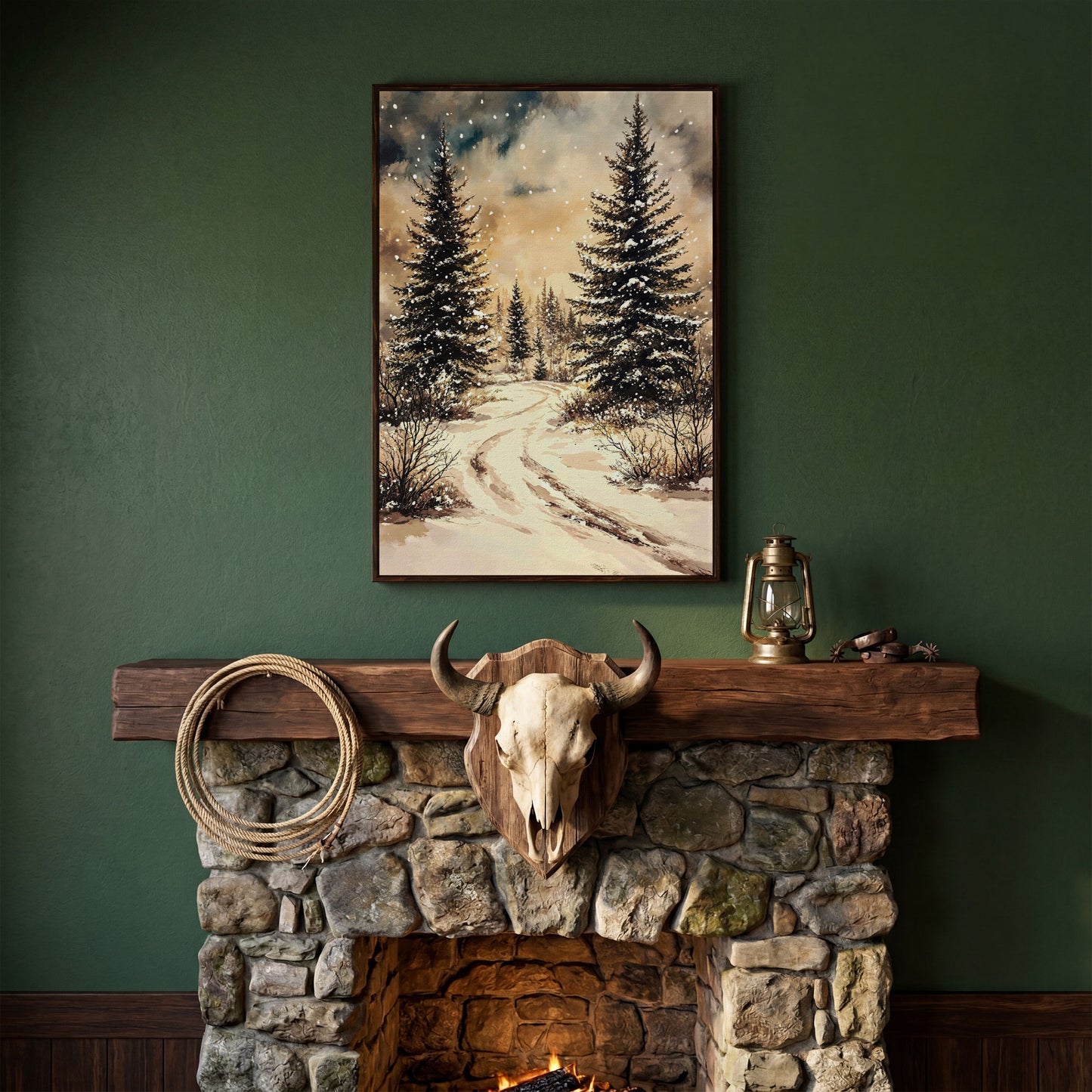 Snow-Covered Pine Forest with Winding Path. Winter Canvas Art in dark walnut floating frame