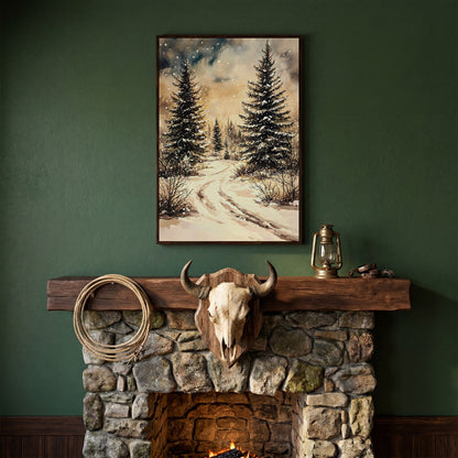Snow-Covered Pine Forest with Winding Path. Winter Canvas Art in dark walnut floating frame