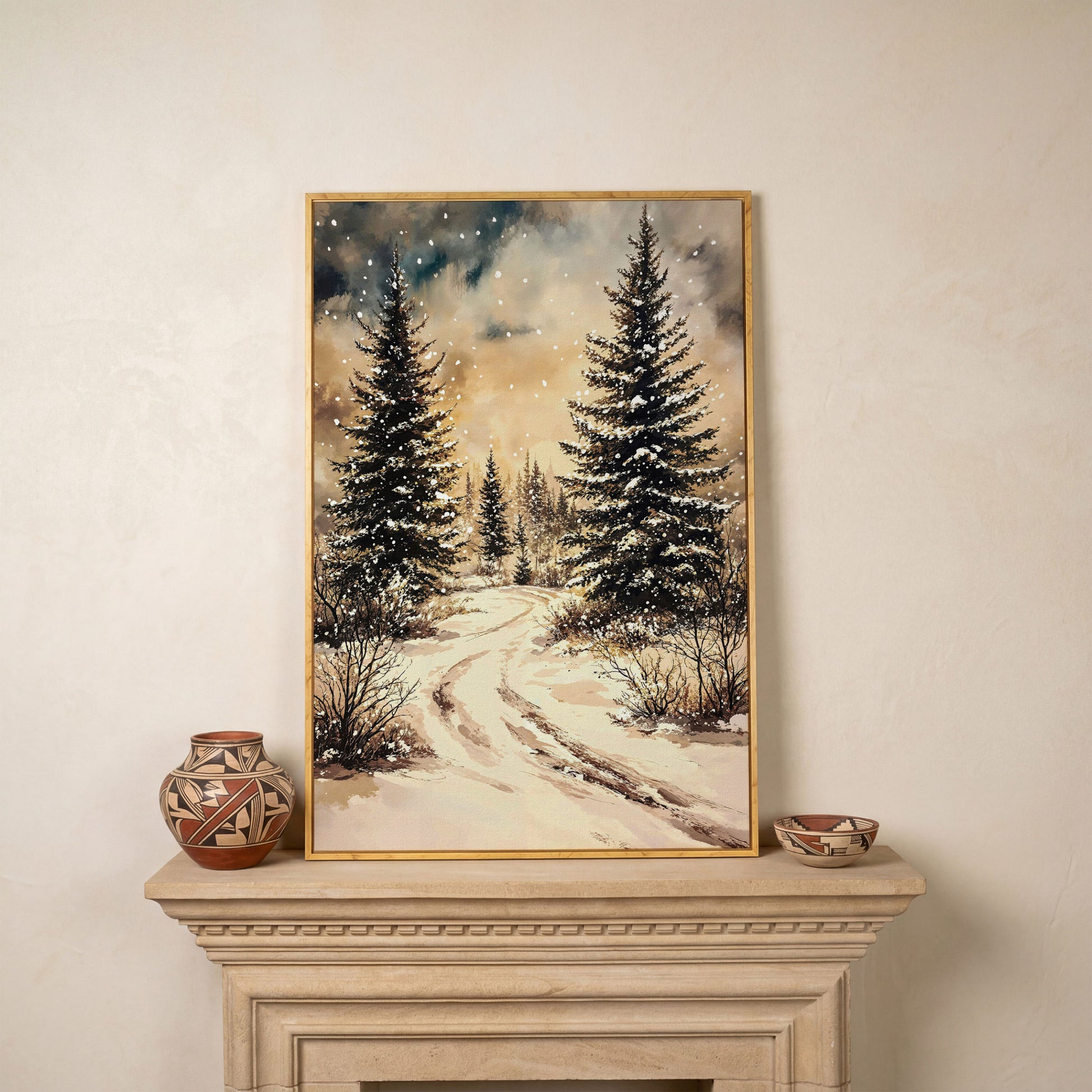 Snow-Covered Pine Forest with Winding Path. Winter Canvas Art in white oak floating frame