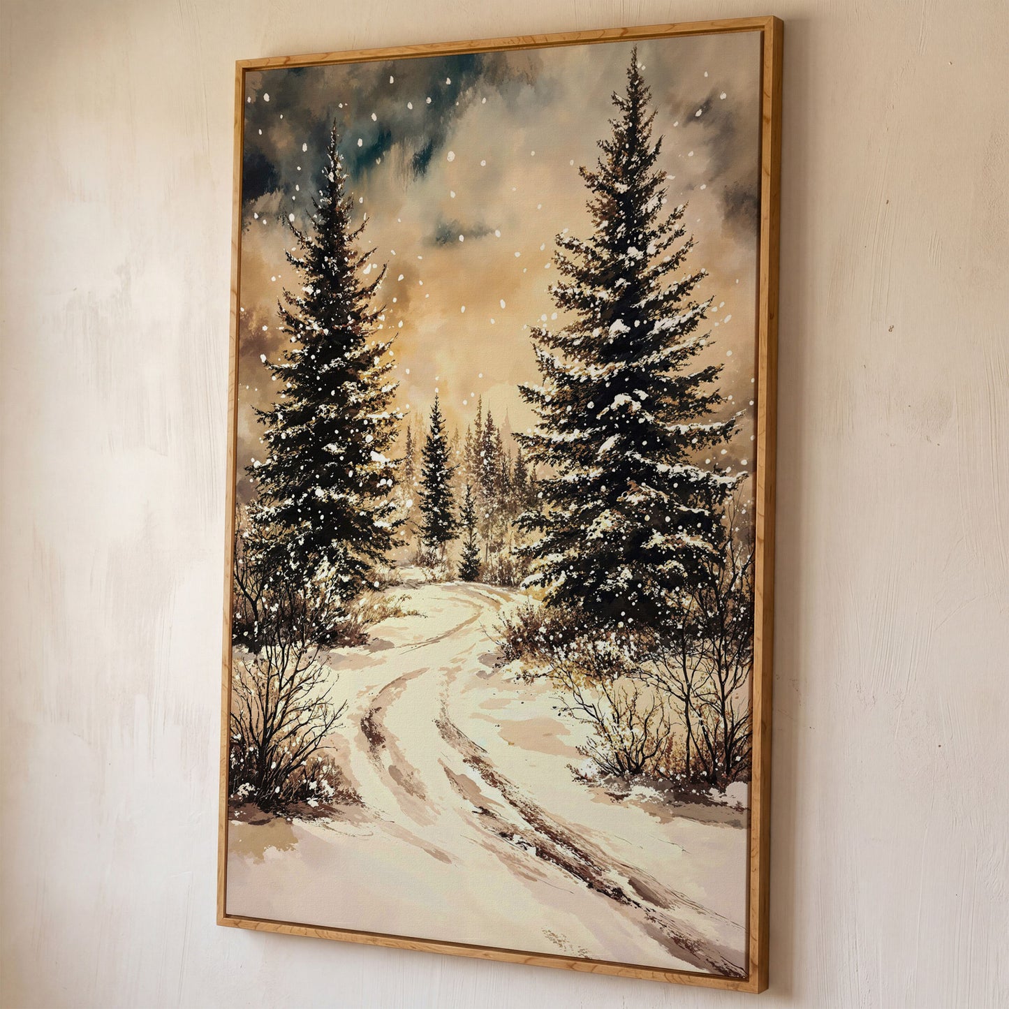 Snow-Covered Pine Forest with Winding Path. Winter Canvas Art shown in white oak floating frame
