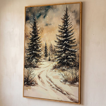 Snow-Covered Pine Forest with Winding Path. Winter Canvas Art shown in white oak floating frame