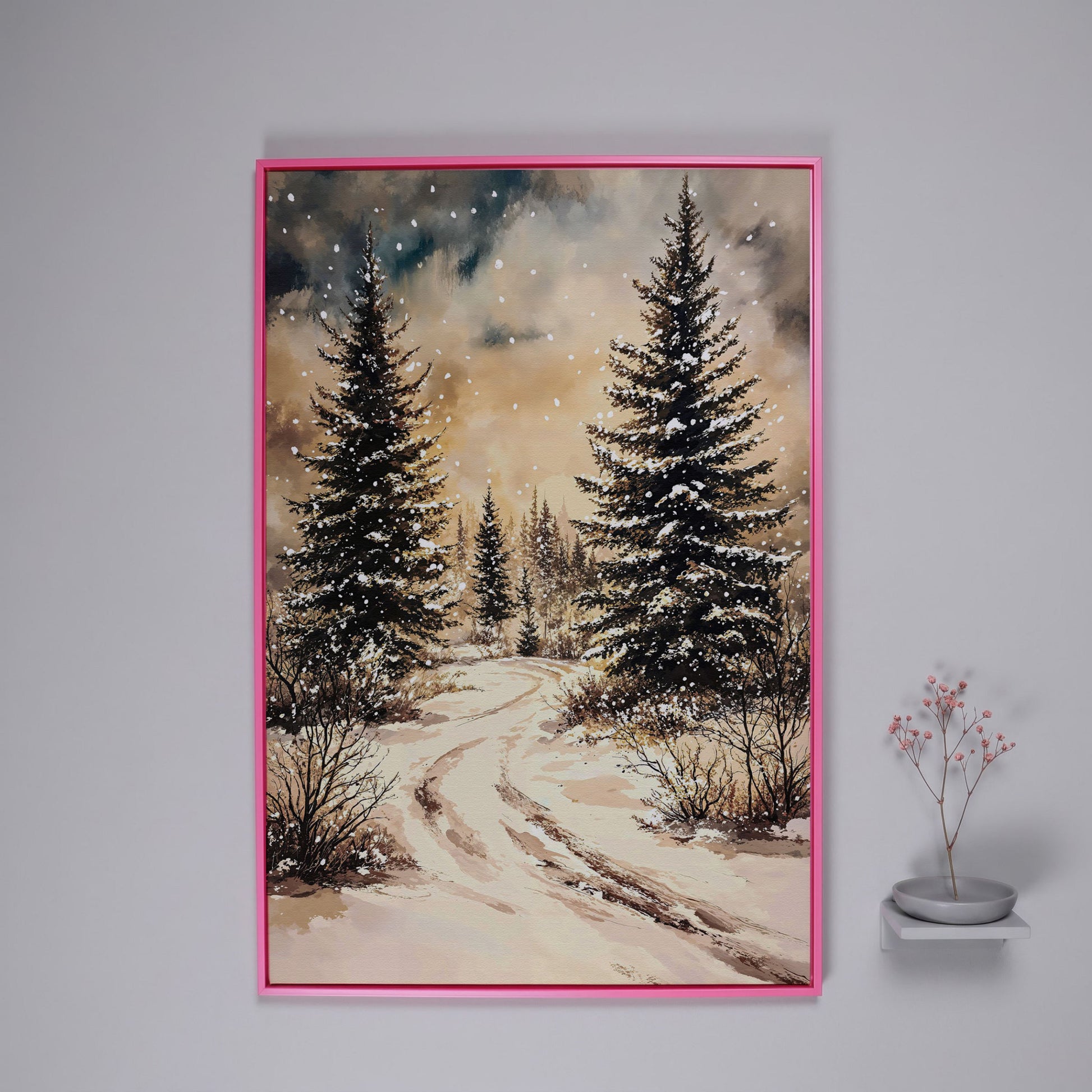 Snow-Covered Pine Forest with Winding Path. Winter Canvas Art in pink floating frame