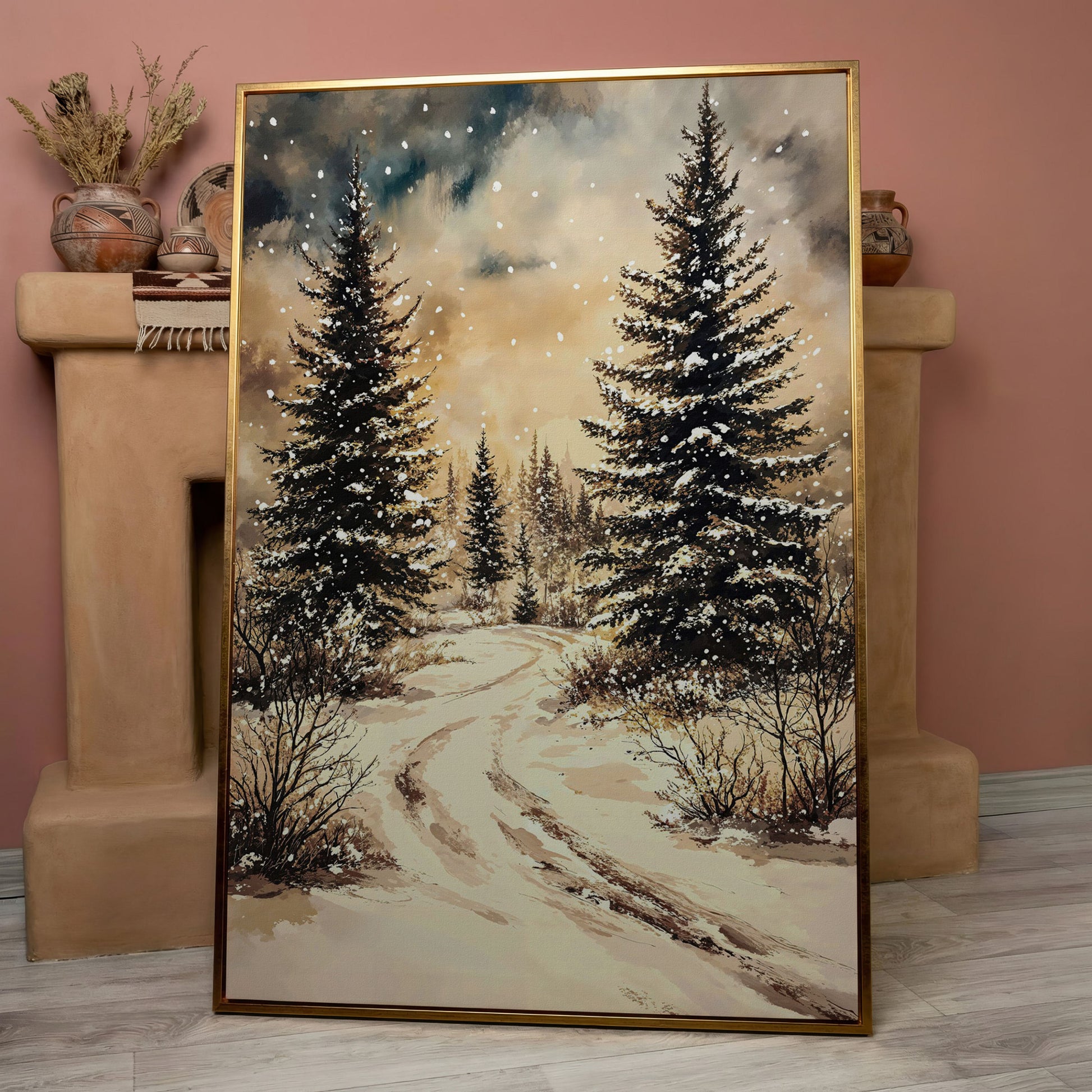 Snow-Covered Pine Forest with Winding Path. Winter Canvas Art in rose gold floating frame