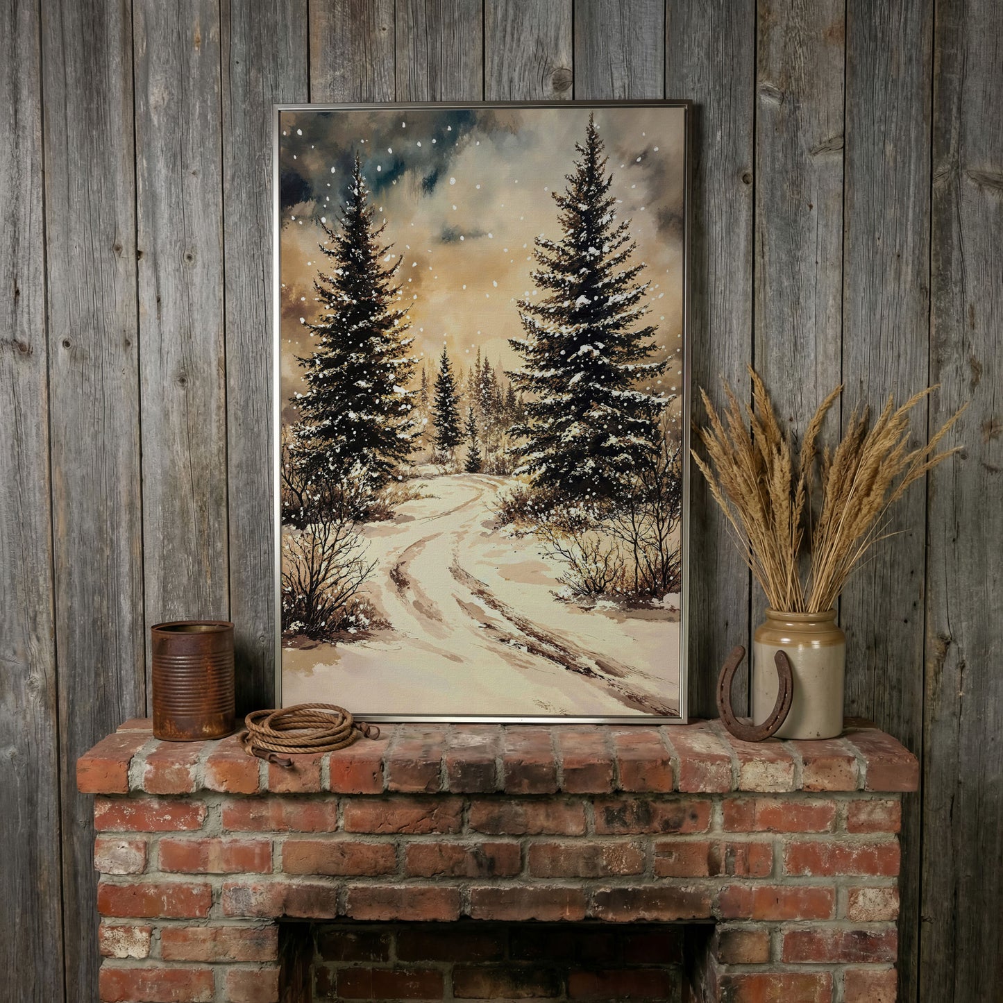 Snow-Covered Pine Forest with Winding Path. Winter Canvas Art in silver floating frame