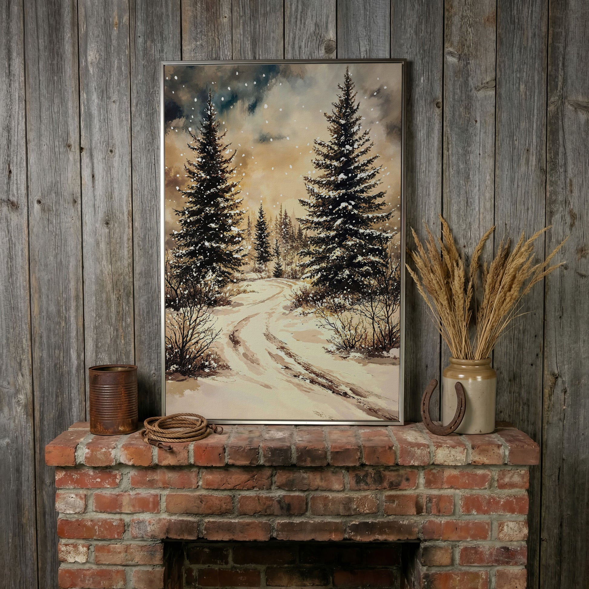 Snow-Covered Pine Forest with Winding Path. Winter Canvas Art in silver floating frame