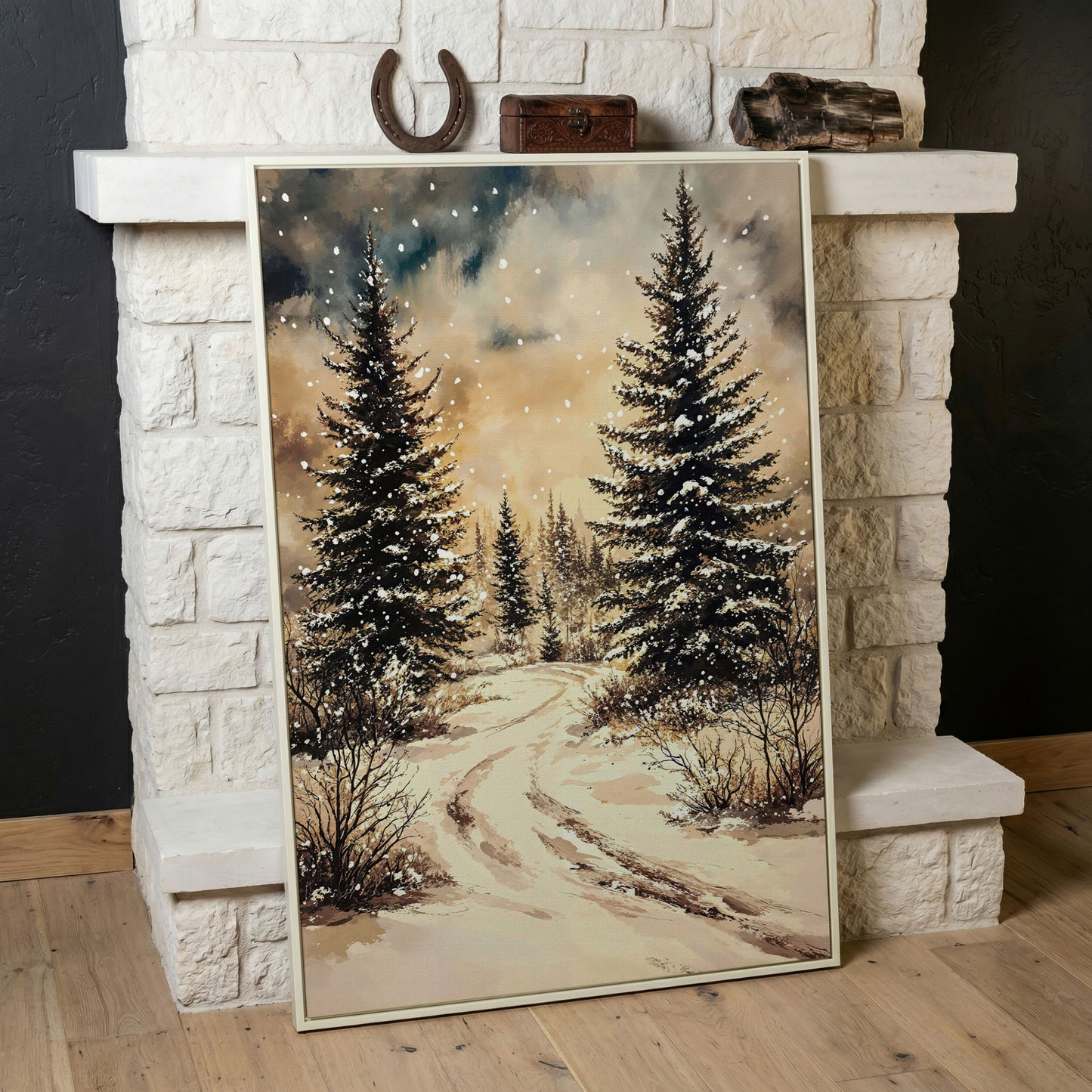 Snow-Covered Pine Forest with Winding Path. Winter Canvas Art in white floating frame