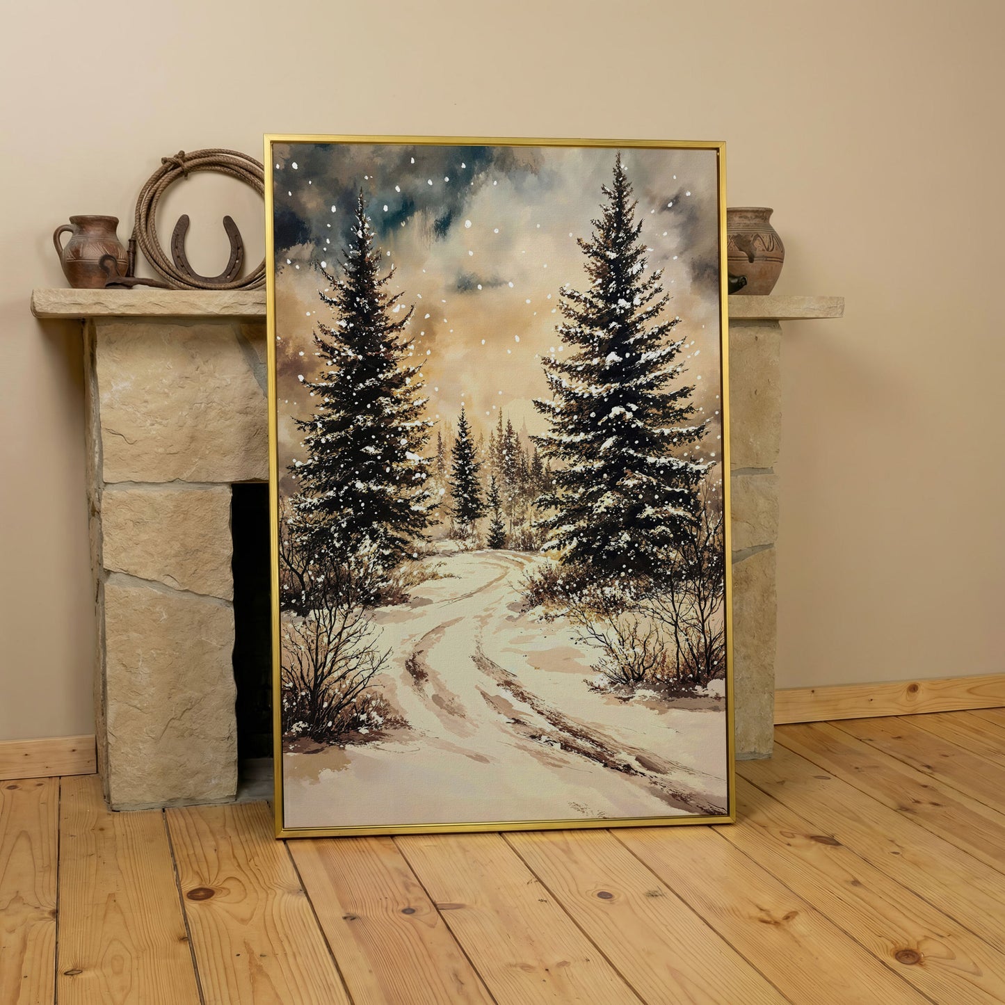 Snow-Covered Pine Forest with Winding Path. Winter Canvas Art in yellow gold floating frame