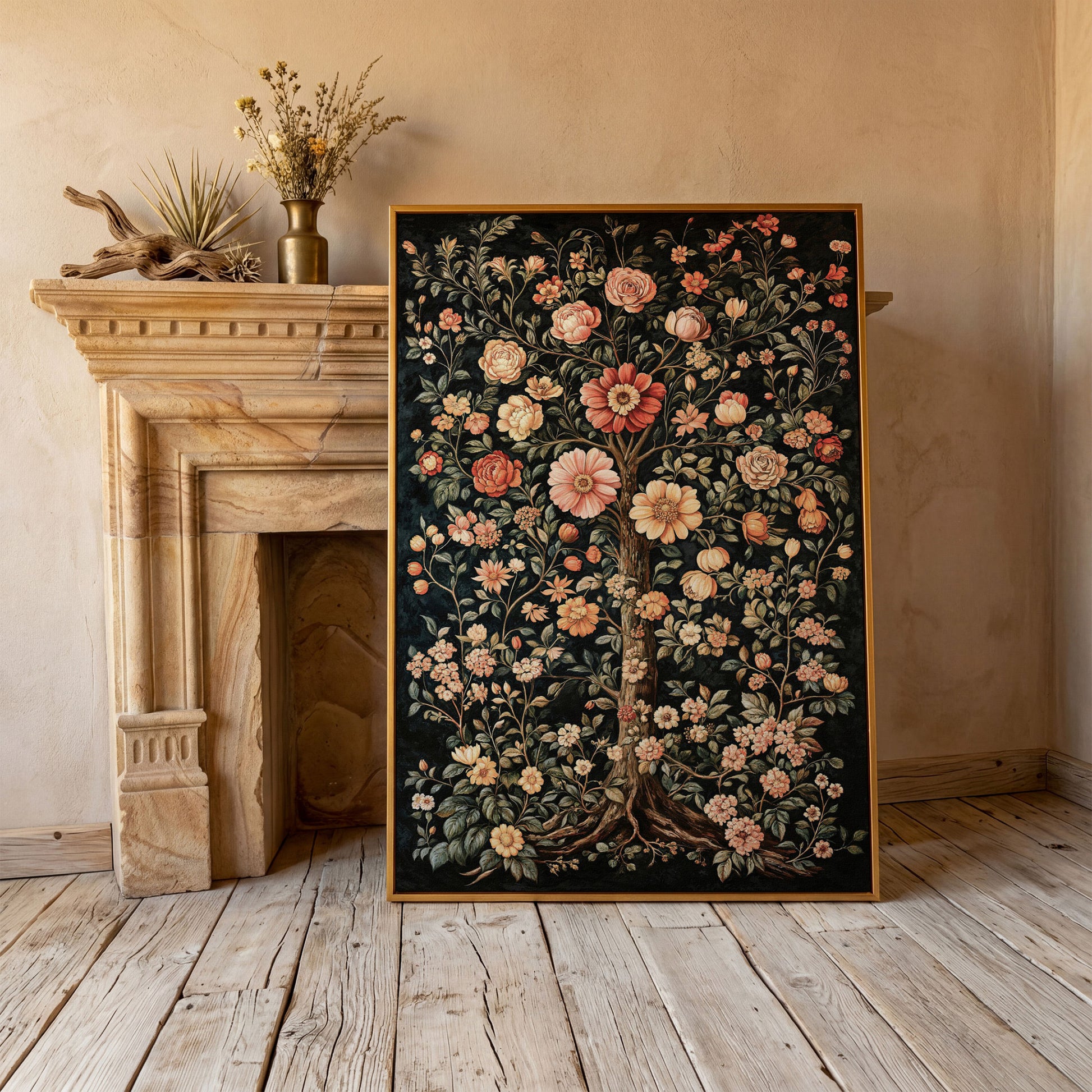 Tree of Life Floral Canvas in Burnt Sienna and Olive in antique gold floating frame