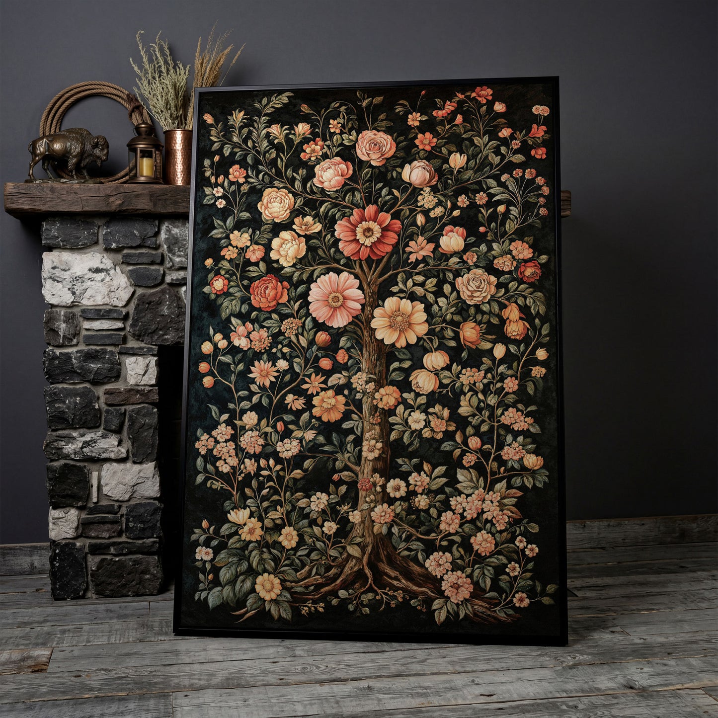 Tree of Life Floral Canvas in Burnt Sienna and Olive in black floating frame