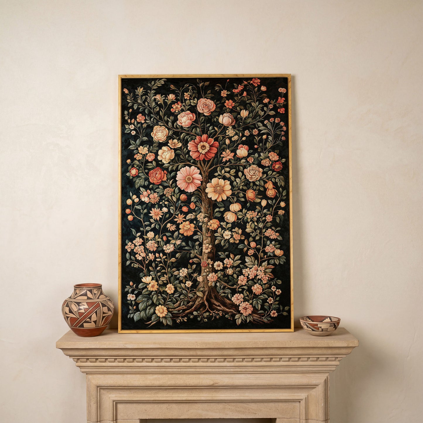 Tree of Life Floral Canvas in Burnt Sienna and Olive in white oak floating frame