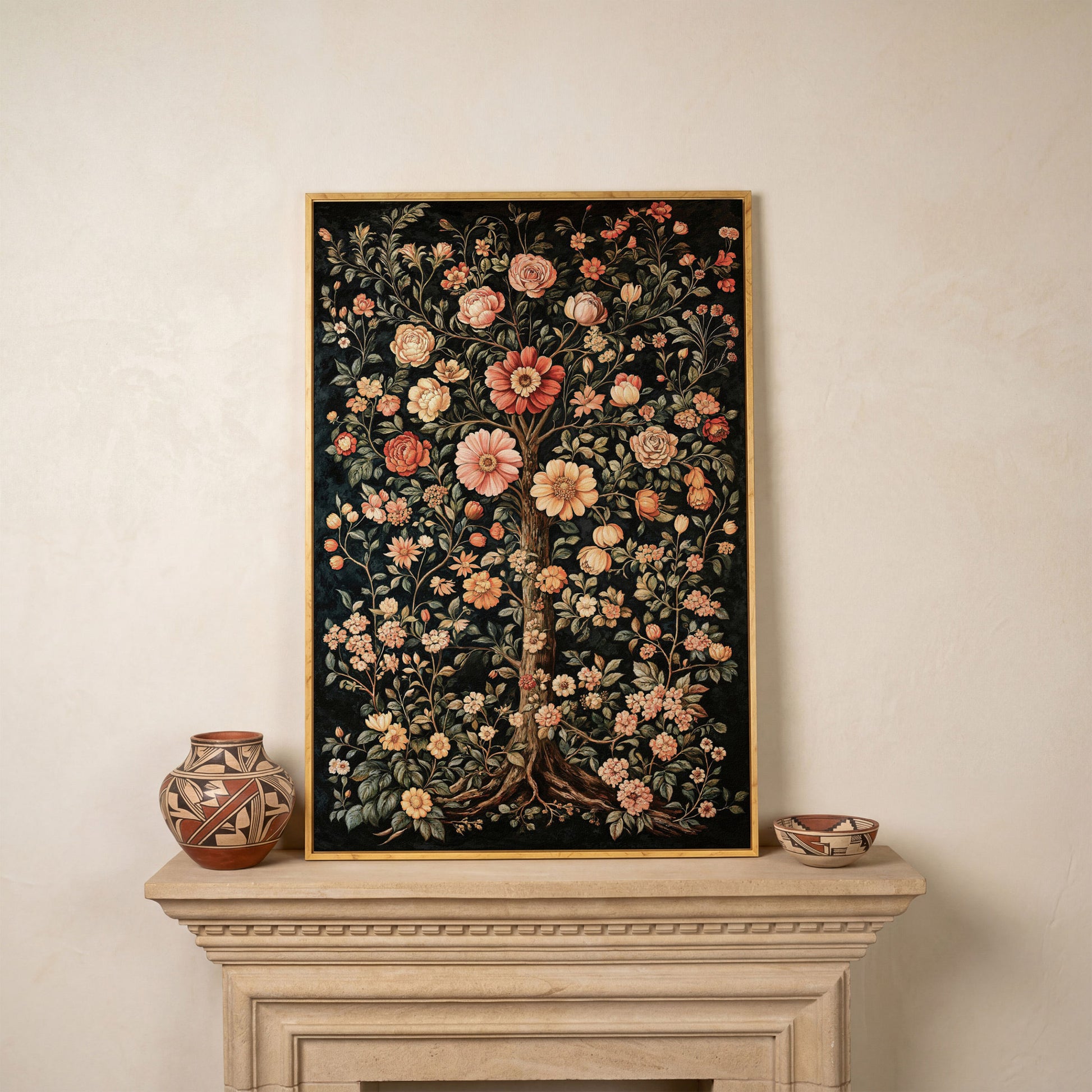 Tree of Life Floral Canvas in Burnt Sienna and Olive in white oak floating frame