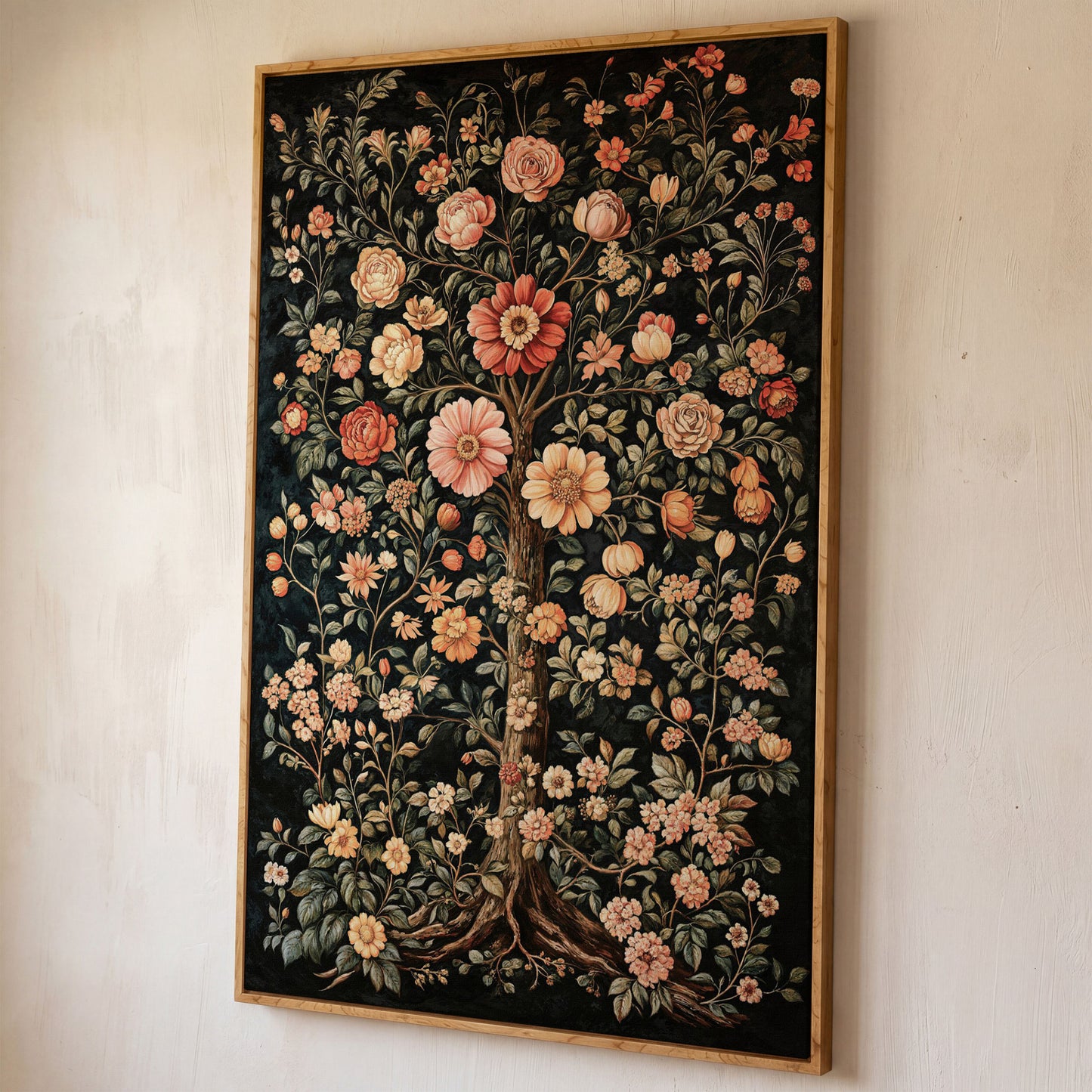 Tree of Life Floral Canvas in Burnt Sienna and Olive shown in white oak floating frame