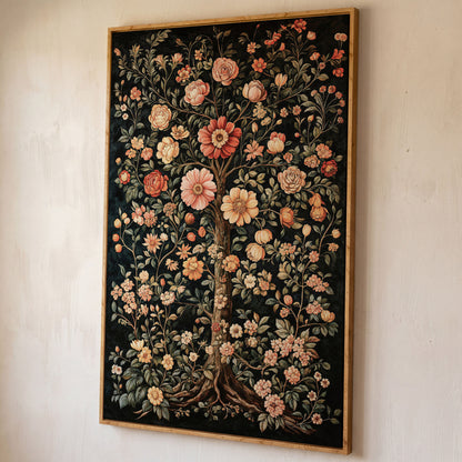 Tree of Life Floral Canvas in Burnt Sienna and Olive shown in white oak floating frame