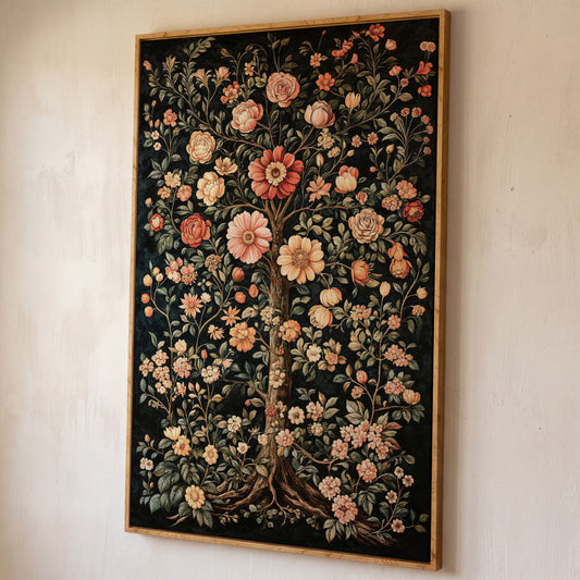 Tree of Life Floral Canvas in Burnt Sienna and Olive shown in white oak floating frame