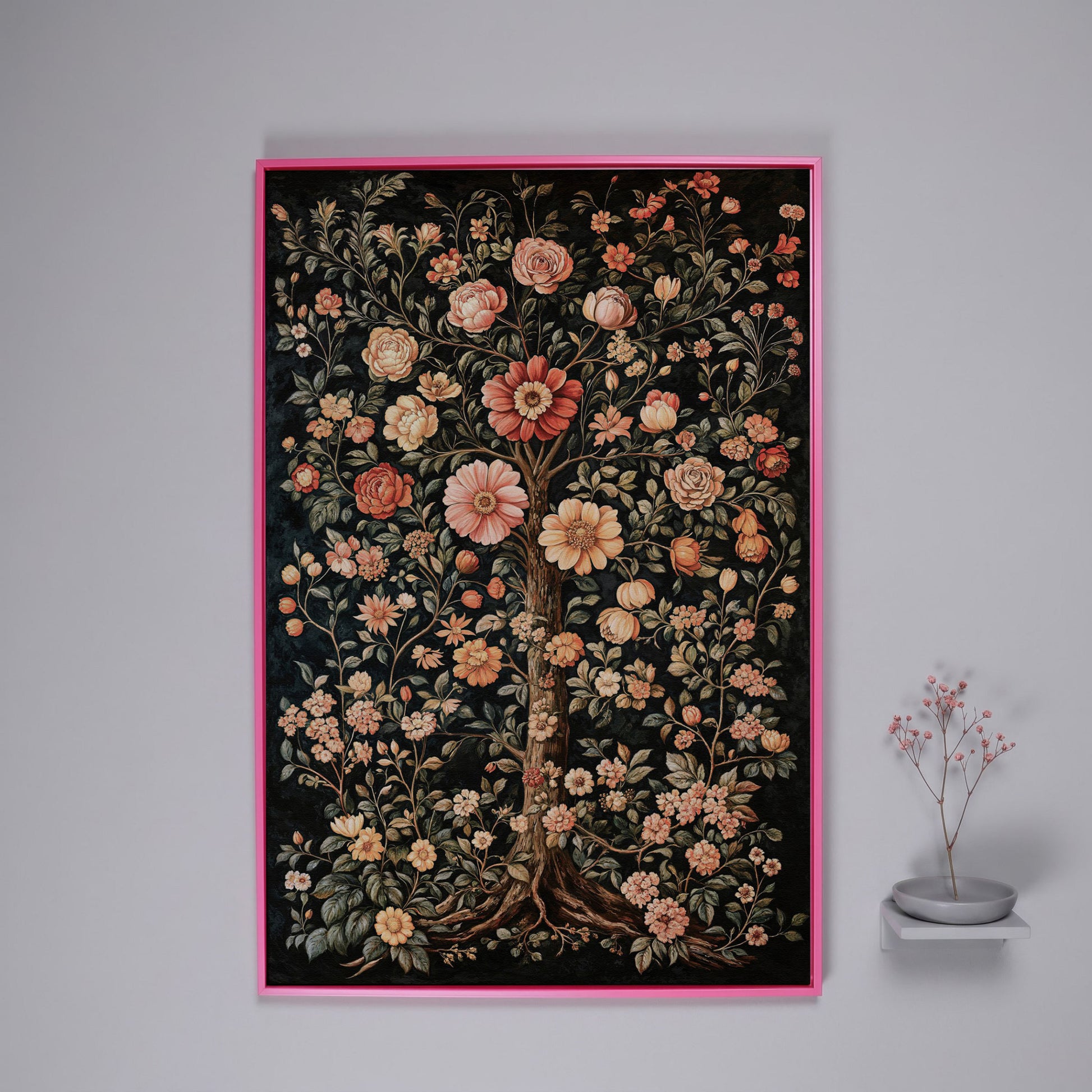 Tree of Life Floral Canvas in Burnt Sienna and Olive in pink floating frame