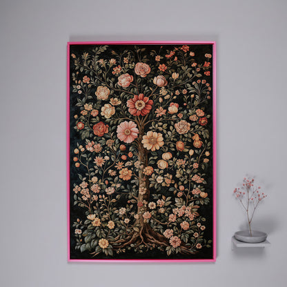 Tree of Life Floral Canvas in Burnt Sienna and Olive in pink floating frame