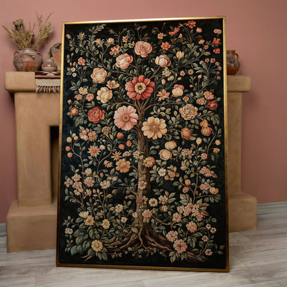 Tree of Life Floral Canvas in Burnt Sienna and Olive in rose gold floating frame