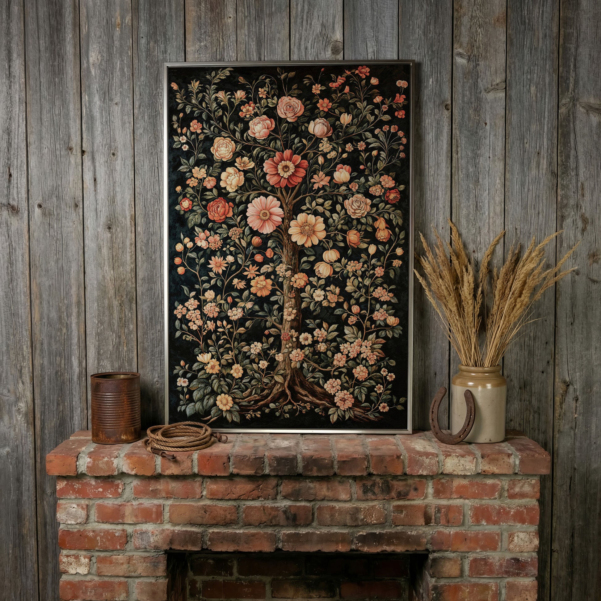 Tree of Life Floral Canvas in Burnt Sienna and Olive in silver floating frame