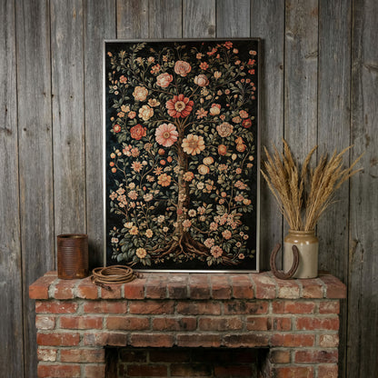 Tree of Life Floral Canvas in Burnt Sienna and Olive in silver floating frame