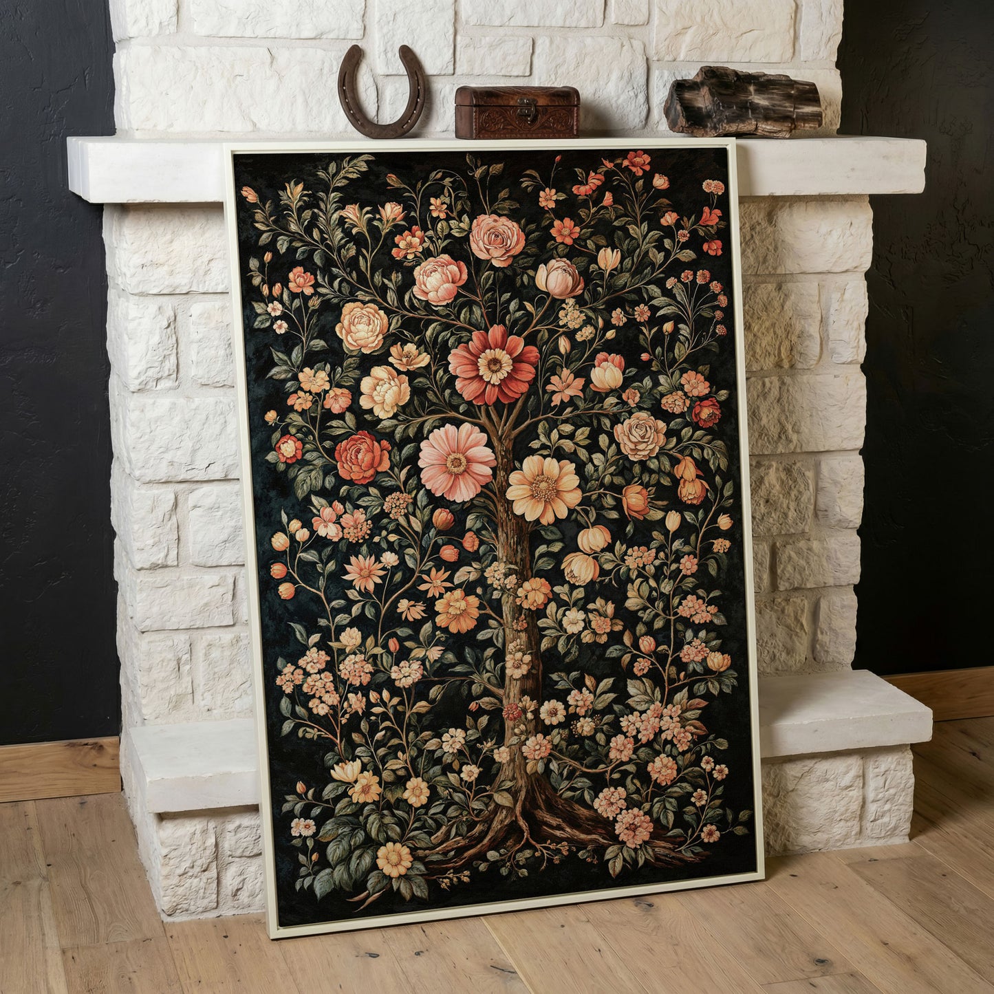 Tree of Life Floral Canvas in Burnt Sienna and Olive in white floating frame