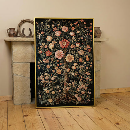 Tree of Life Floral Canvas in Burnt Sienna and Olive in yellow gold floating frame